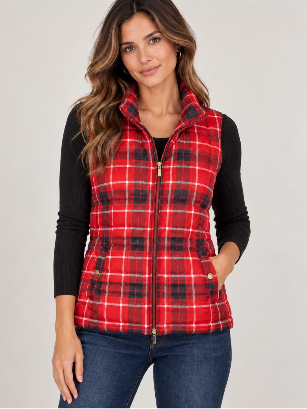 Charter Club Red Black Plaid Quilted Puffer Vest Women’s M